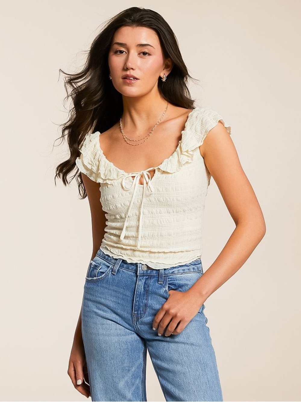 Free People Love You More Top Sz S Ruched Ruffle Flutter Sleeve Cream Coquette